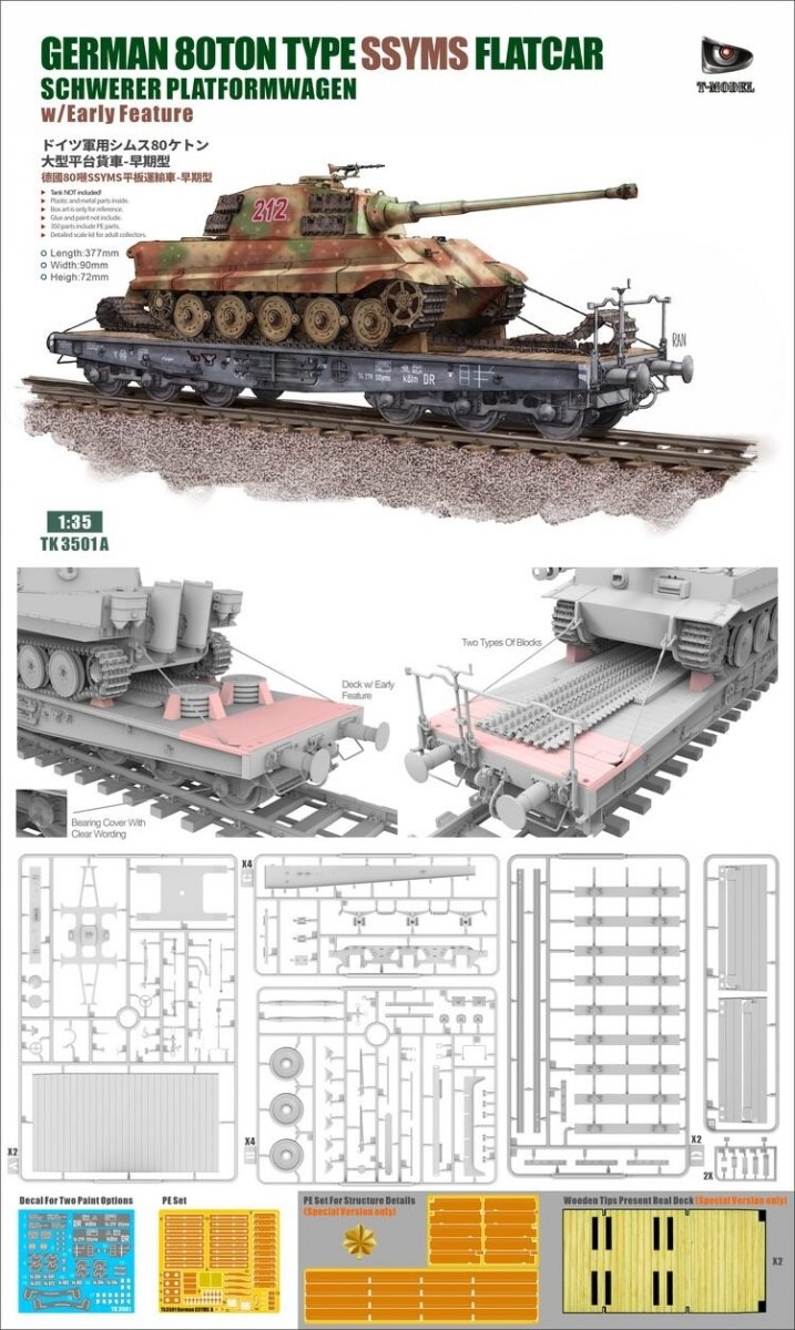 T-Model TK3501A German 80-ton Type SSYMS Flatcar (Schwerer Platformwagen) wearly feature 1/35 – Bild 2