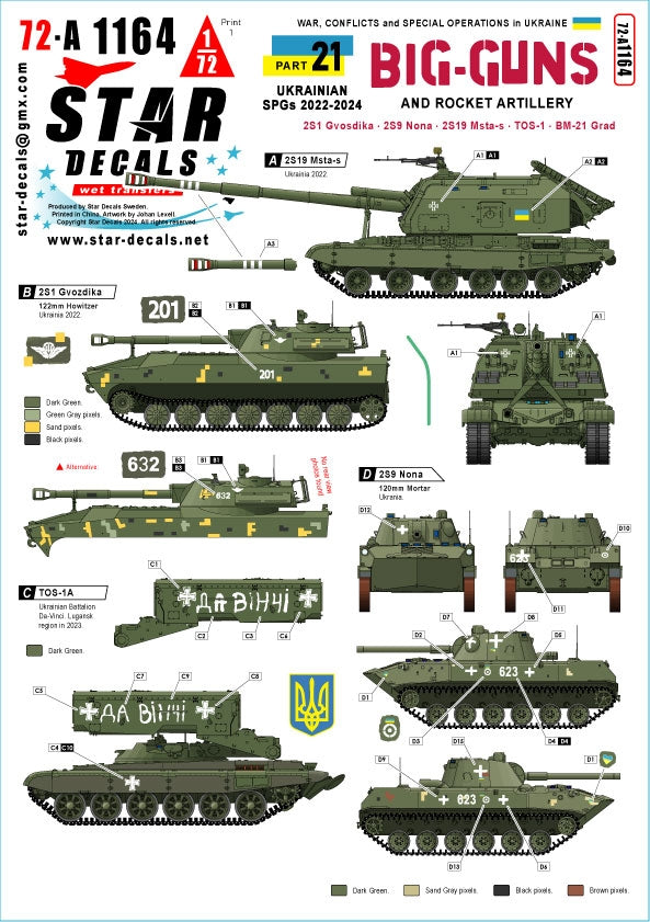 Star Decals 72-A1164 Guerre en Ukraine : 21 canons lourds et artillerie de roquettes ukrainiens. 2S1 Gvostika, 2S9 Nona, 2S19 Msta-s, TOS-1 et BM-21 Grad. Échelle 1/72.