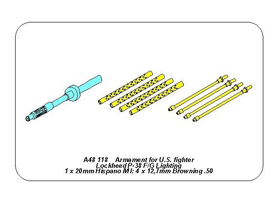 Ensemble d&amp;#39;armement Aber A48118 pour le chasseur américain Lookheed P-38 F/G Lightning : 1 canon de 20 mm et 4 canons de 12,7 mm, échelle 1/48 – image 2