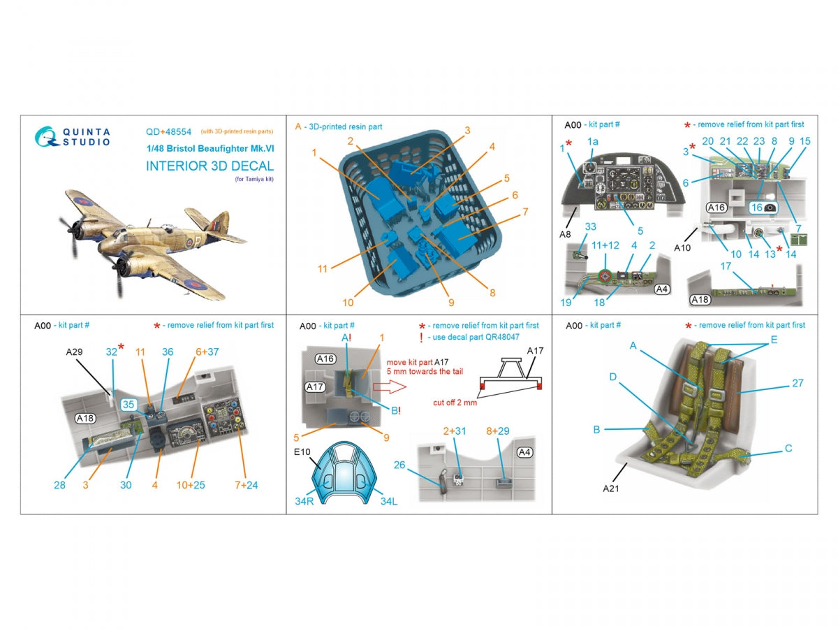 Quinta Studio QD+48554 Bristol Beaufighter Mk.VI 3D-Printed &amp;amp; coloured Interior on decal paper (Tamiya) (with 3D-printed resin parts) 1/48 – immagine 2