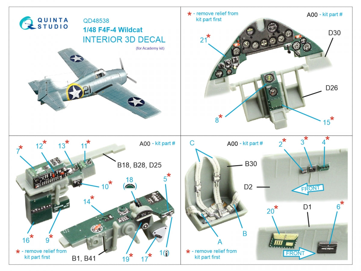 Quinta Studio QD48538 F4F-4 Wildcat 3D-Printed &amp;amp; coloured Interior on decal paper (Academy) 1/48 – Bild 2