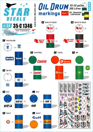 Star Decals 35-C1346 Marquages ​​pour fûts d&amp;#39;huile 2,55 gallons US / 200 litres. Huile, essence et lubrifiants 1/35