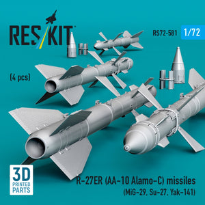 RESKIT RS72-0581 R-27ER (AA-10 Alamo-C) missiles (4 pcs) (MiG-29, Su-27, Yak-141) (3D Printed) 1/72