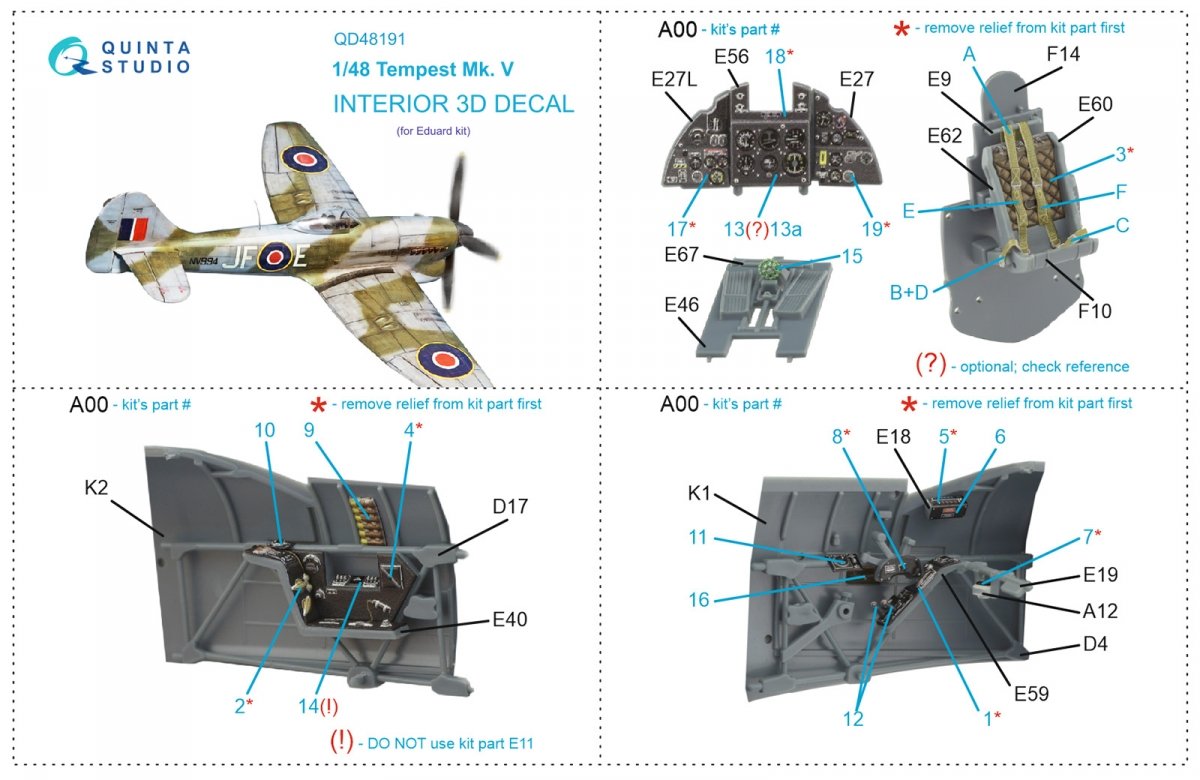 Quinta Studio QD48191 Tempest Mk.V 3D-Printed &amp;amp; coloured Interior on decal paper (Eduard) 1/48 – immagine 12