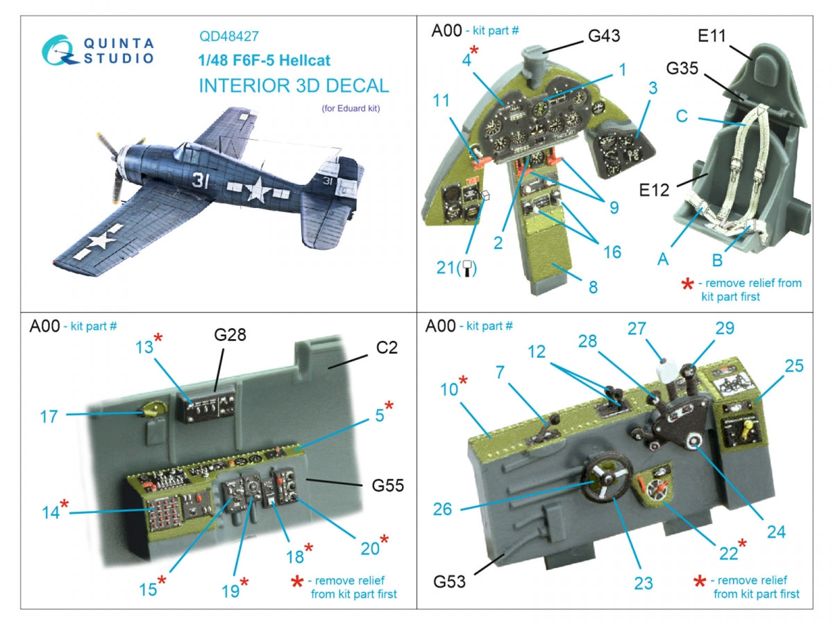Quinta Studio QD48427 F6F-5 Hellcat 3D-Printed coloured Interior on decal paper (Eduard) 1/48 – zdjęcie 5