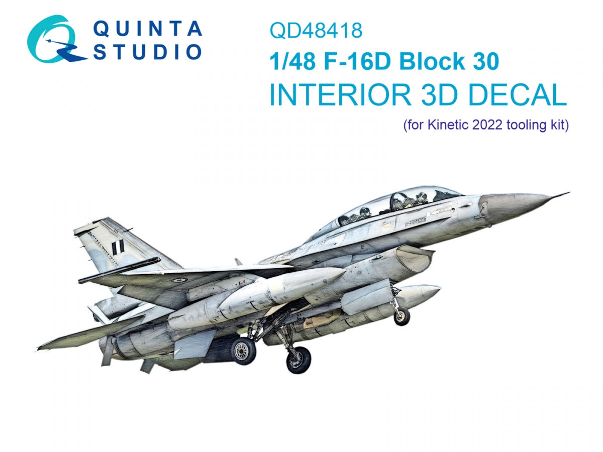 Quinta Studio QD48418 F-16D block 30 3D-Printed &amp;amp; coloured Interior on decal paper (Kinetic 2022 tool) 1/48