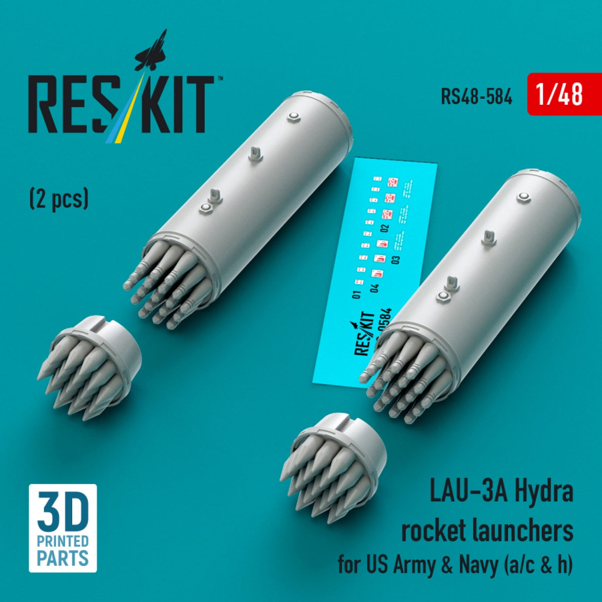 RESKIT RS48-0584 LAU-3A Hydra rocket launchers for US Army & Navy (a/c & h) (2pcs) (3D Printed) 1/48