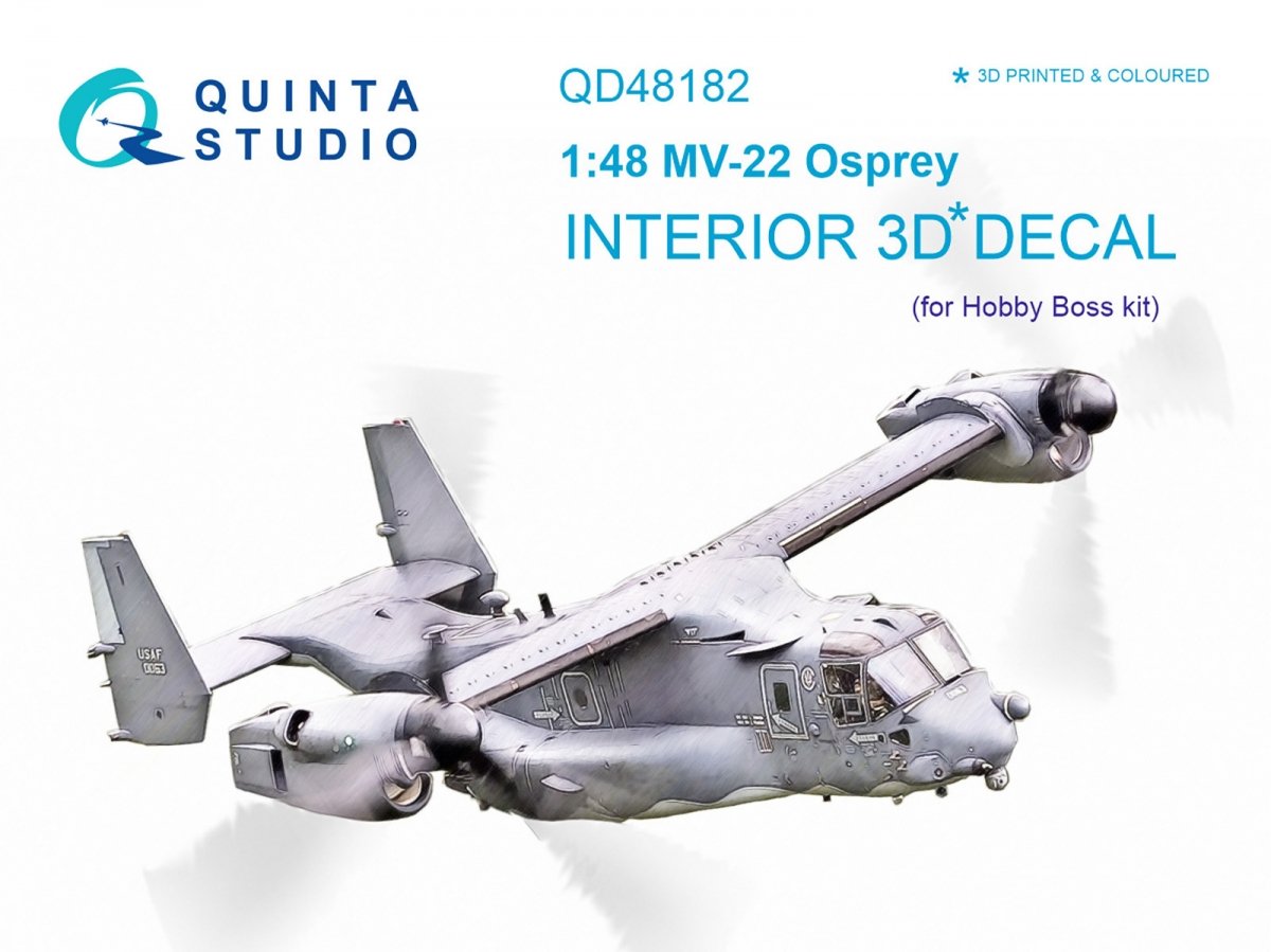 Intérieur imprimé en 3D et coloré sur papier décalcomanie Quinta Studio QD48182 MV-22 Osprey (pour kit HobbyBoss) 1/48