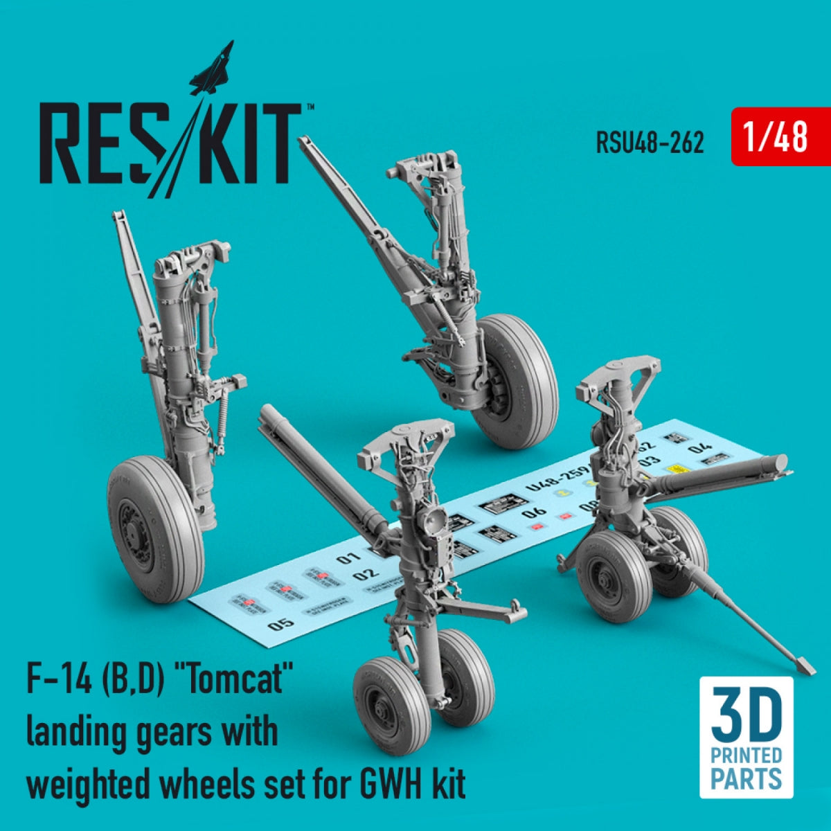 RESKIT RSU48-0262 F-14 (B,D) "TOMCAT" LANDING GEARS WITH WEIGHTED WHEELS SET FOR GWH KIT (RESIN &amp; 3D PRINTED) 1/48