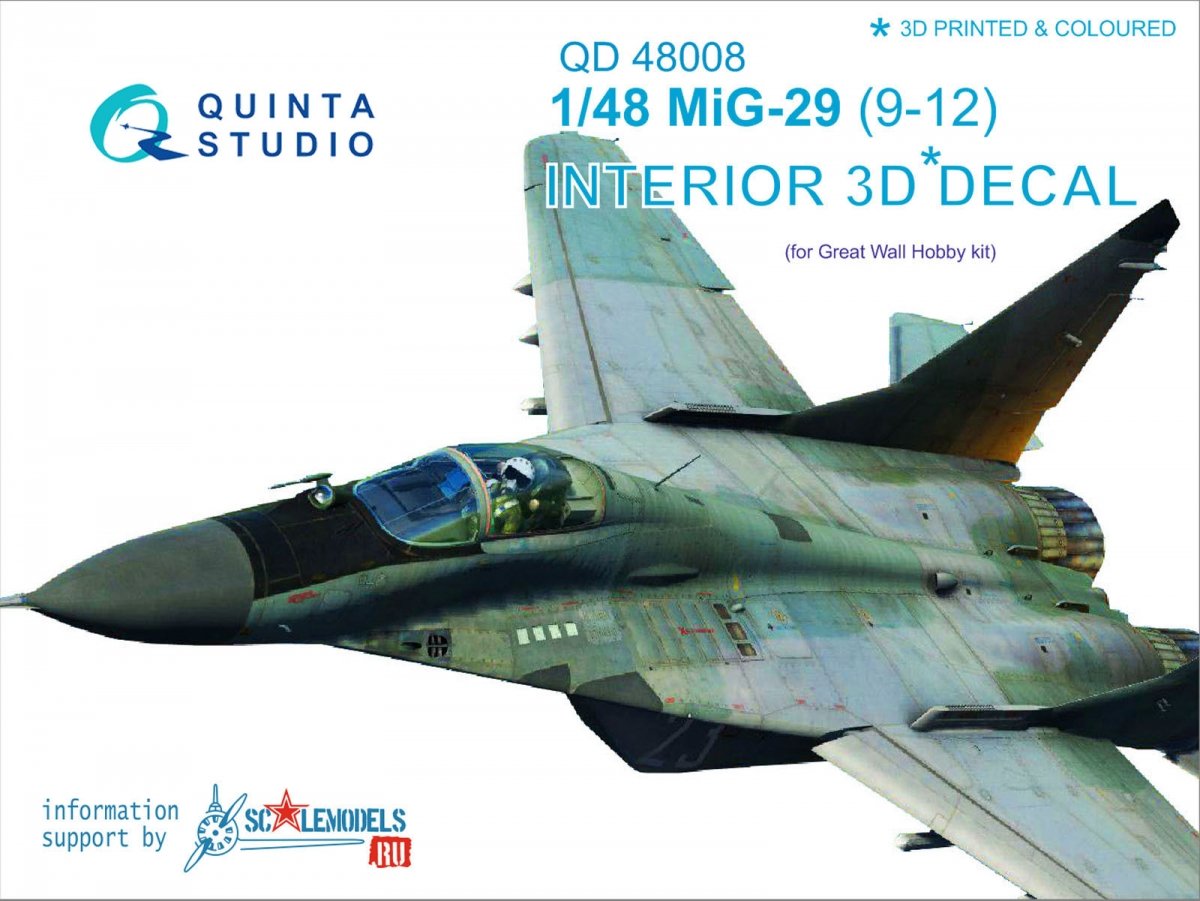 Intérieur imprimé en 3D et coloré sur papier décalcomanie Quinta Studio QD48008 MiG-29 (9-12) (pour maquettes GWH) 1/48