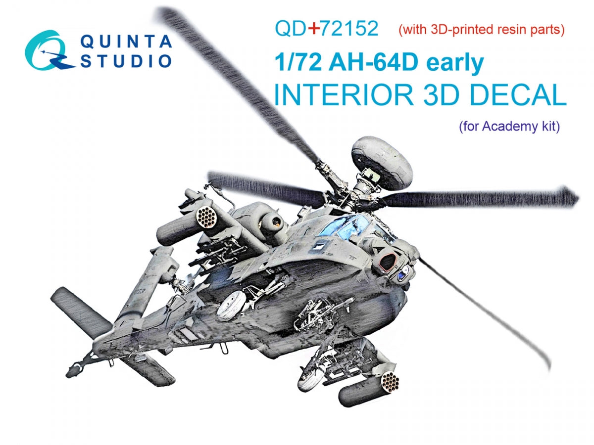 Quinta Studio QD+72152 AH-64D, intérieur coloré imprimé en 3D sur papier décalcomanie (Academy) (avec pièce en résine imprimée en 3D), échelle 1/72