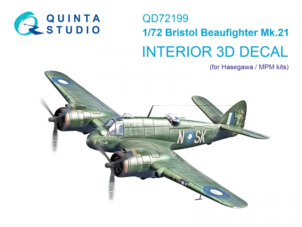 Quinta Studio QD72199 Bristol Beaufighter Mk.21 3D-Printed &amp; colored Interior on decal paper (Hasegawa/MPM) 1/72