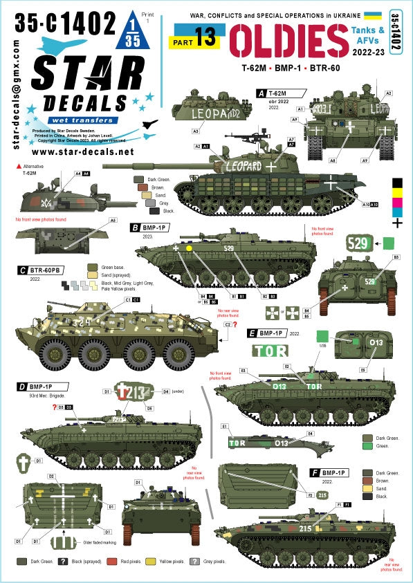 Star Decals 35-C1402 Guerre en Ukraine n° 13 : Véhicules ukrainiens anciens. Chars et véhicules blindés 2022-2023. T-62M (rév. 2022), T-62M, BTR-60BP, BMP-1P 1/35