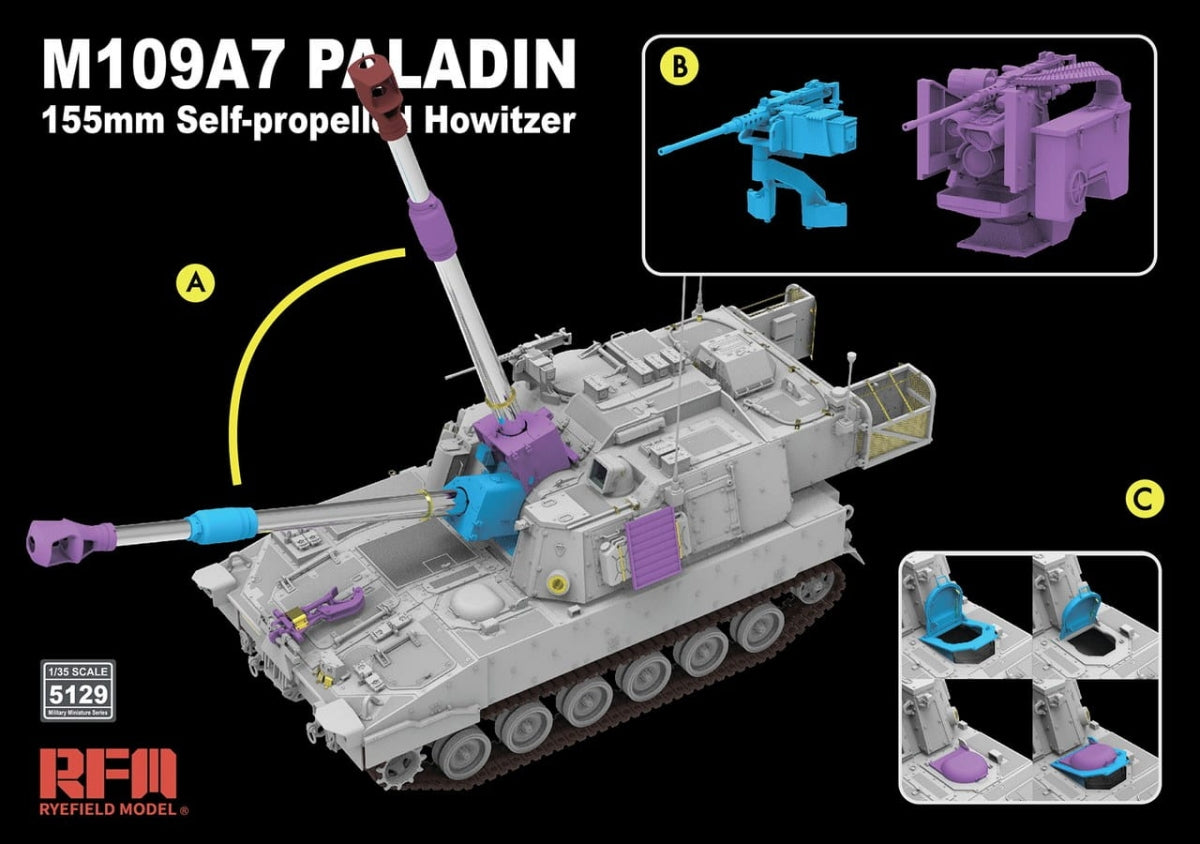 Rye Field Model 5129 M109A7 PALADIN 155 mm Self-Propelled Howitzer w/ Workable Tracks 1/35 – image 3
