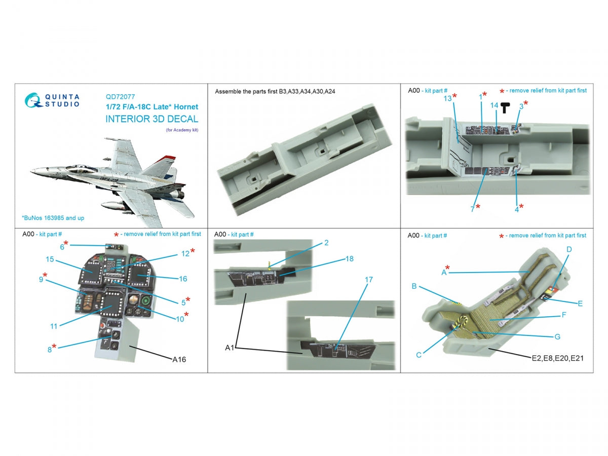 Quinta Studio QD72077 F/A-18C late 3D-Printed &amp;amp; coloured Interior on decal paper (Academy) 1/72 – Bild 13