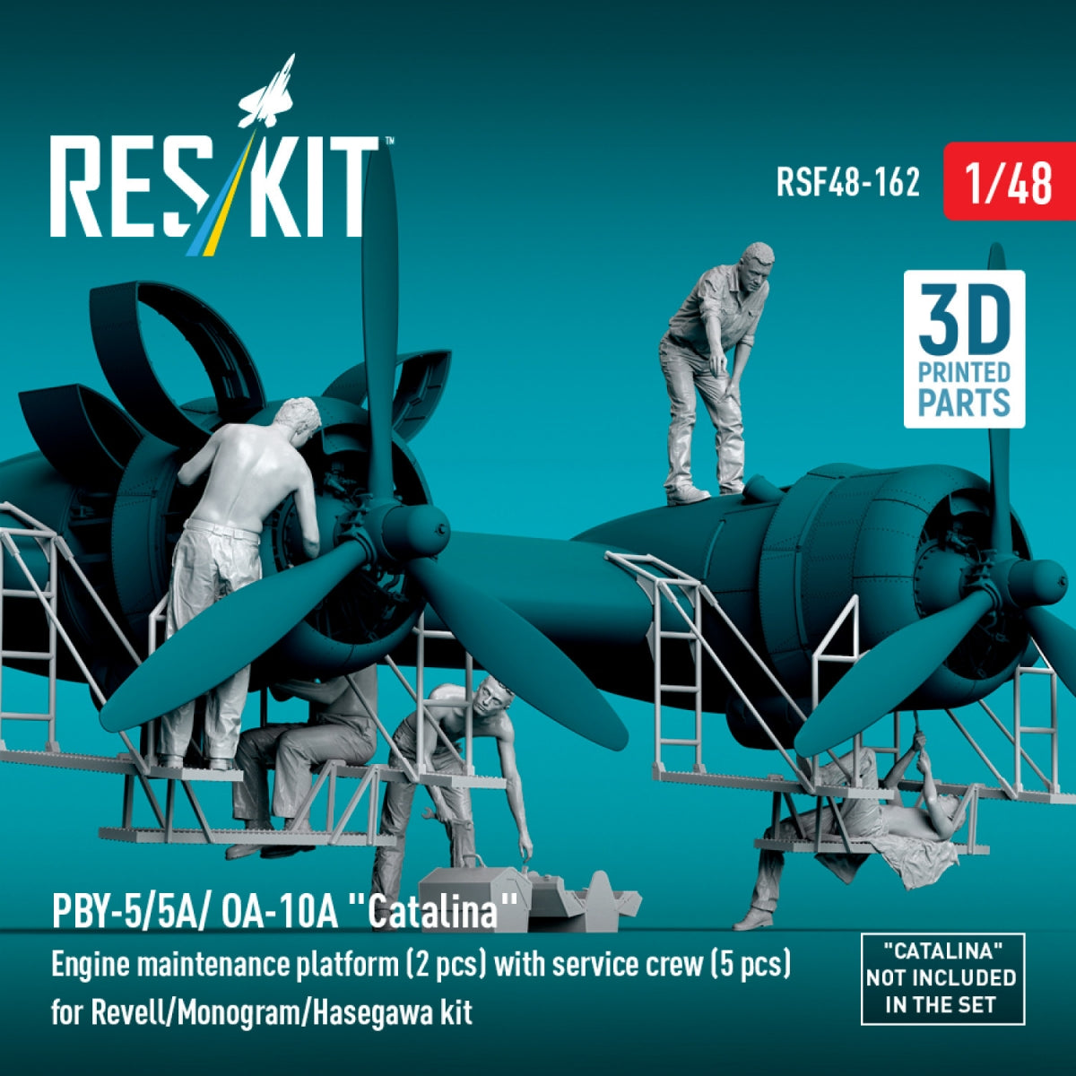 RESKIT RSF48-0162 PBY-5/5A/ OA-10A "Catalina" Engine maintenance platform (2 pcs) with service crew (5 pcs) for Revell/Monogram/Hasegawa kit (3D Printed) 1/48