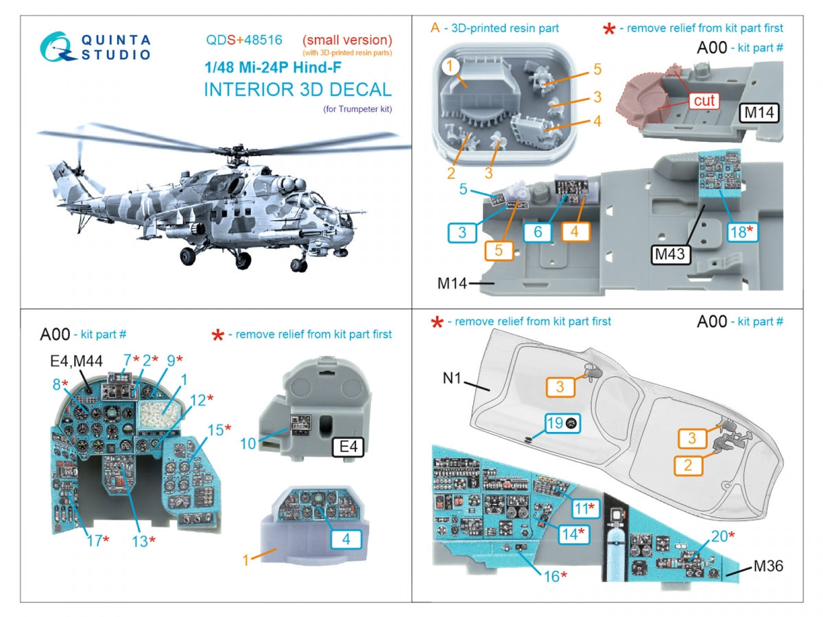 Quinta Studio QDS+48516 Mi-24P Hind-F Intérieur coloré imprimé en 3D sur papier décalcomanie (Trumpeter) (petite version) (avec pièces en résine imprimées en 3D) 1/48 – image 6
