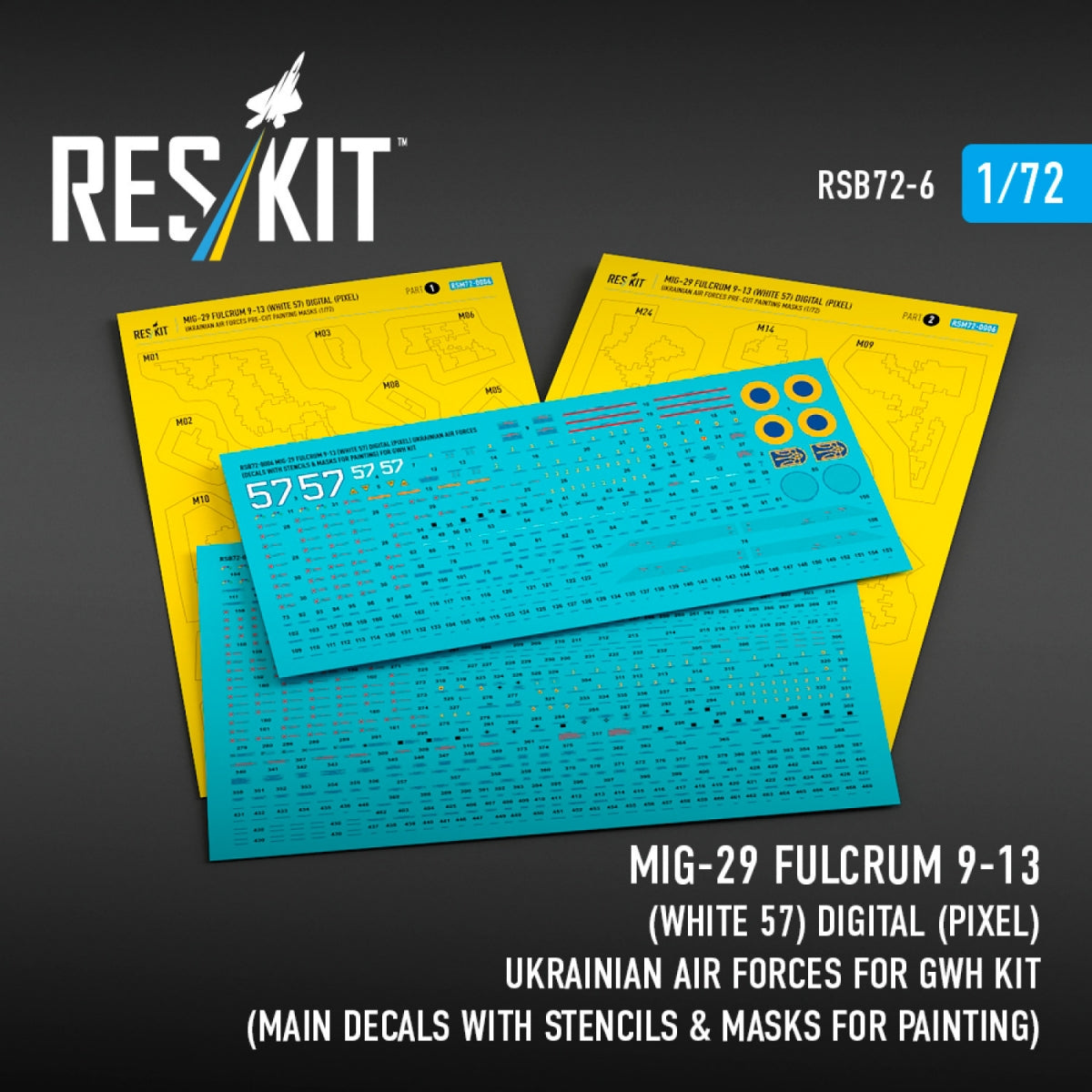 RESKIT RSB72-0006 MiG-29 Fulcrum 9-13 (White 57) Digital (Pixel) Ukrainian Air Forces for GWH kit (Main Decals with Stencils & Masks for painting)1/72
