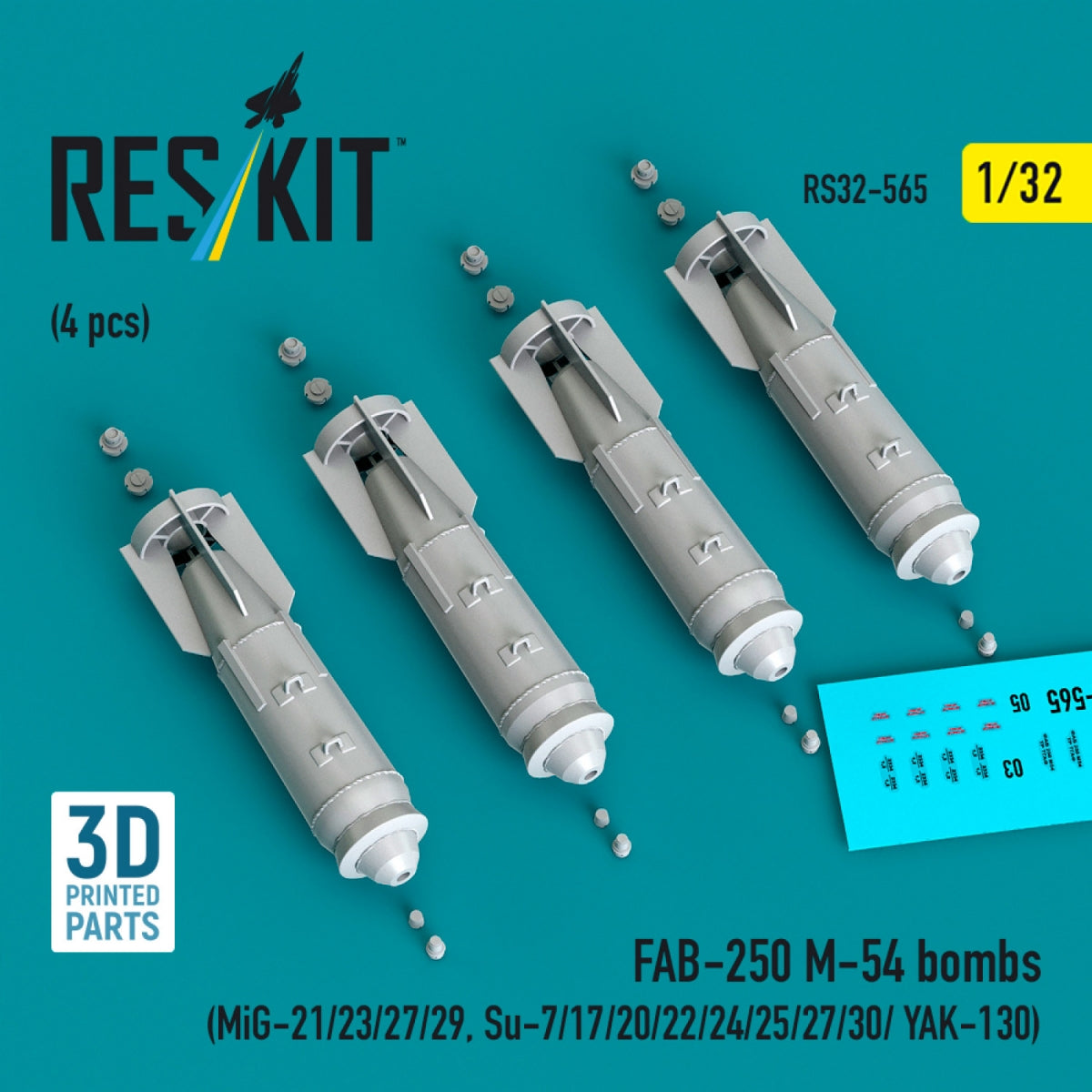 RESKIT RS32-0565 FAB-250 М-54 bombs (4 pcs) (MiG-21/23/27/29, Su-7/17/20/22/24/25/27/30/ YAK-130) (3D Printed) 1/32