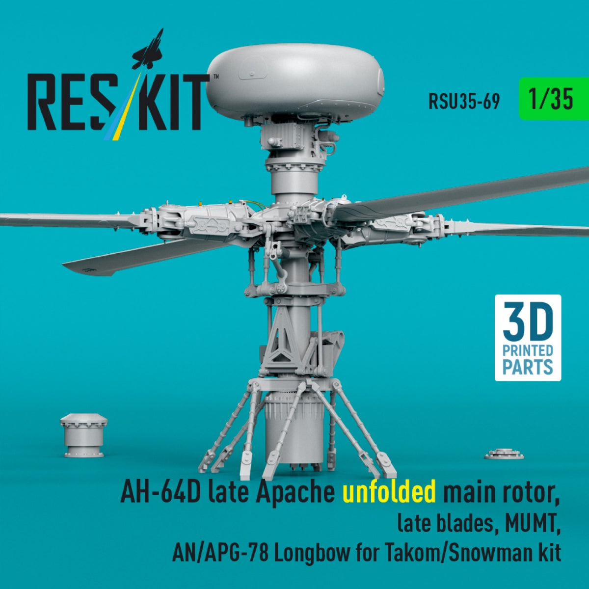RESKIT RSU35-0069 AH-64D late Apache unfolded main rotor, late blades, MUMT, AN/APG-78 Longbow for Takom/Snowman kit (3D Printed) 1/35