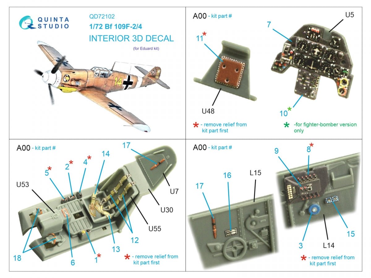 Quinta Studio QD72102 BF 109F-2/4 3D-Printed &amp;amp; coloured Interior on decal paper (Eduard) 1/72 – Bild 2