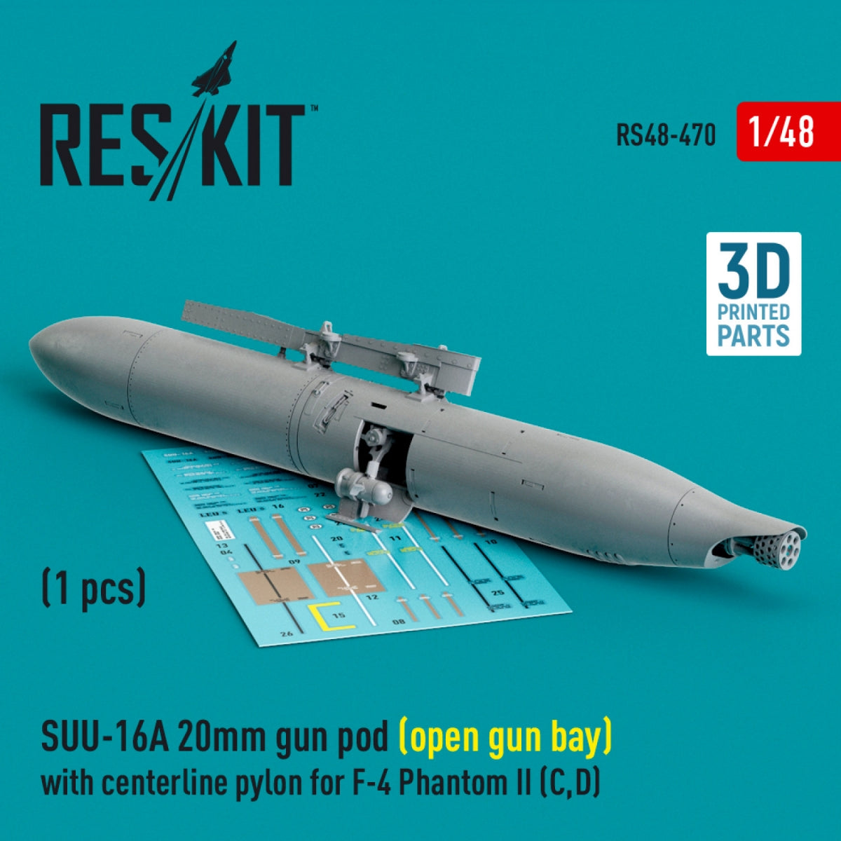 RESKIT RS48-0470 SUU-16A 20mm gun pod (open gun bay) with centerline pylon for F-4 Phantom II (C,D) (1 pcs) (3D Printed) 1/48 – Bild 2