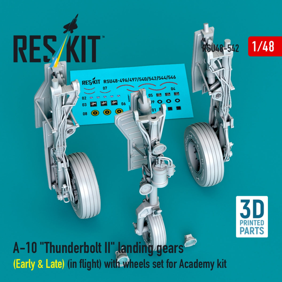RESKIT RSU48-0542 A-10 "Thunderbolt II" landing gears (Early & Late) (in flight) with wheels set for Academy kit (3D Printed) 1/48