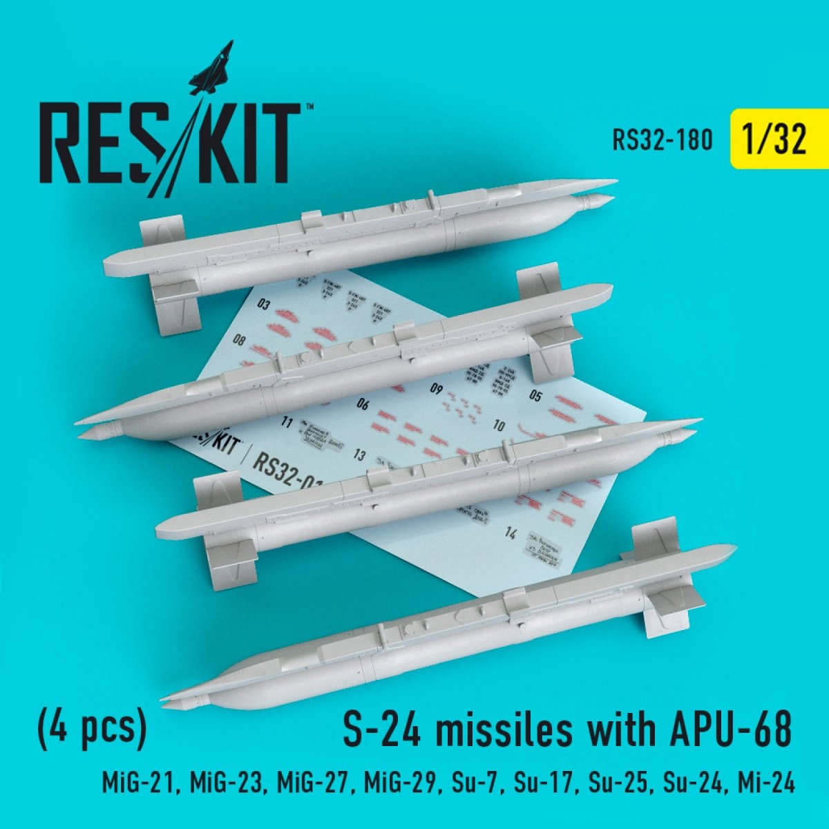 RESKIT RS32-0180 MISSILES S-24 AVEC APU-68 (4 PIÈCES) 1/32