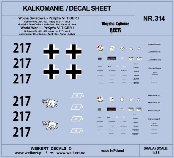 Weikert Decals DEC314 TIGER I - Otto Carius - tank 217 - Schwere Pz. Abt. 502, Narva - Latvia, April 1944 - ver.1 1/35