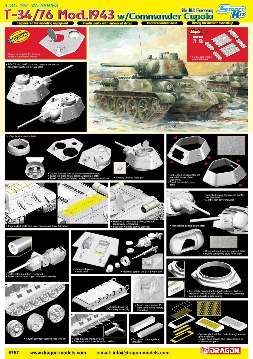 Dragon 6757 T-34/76 Mod.1943 avec coupole de commandant n° 183, échelle 1/35