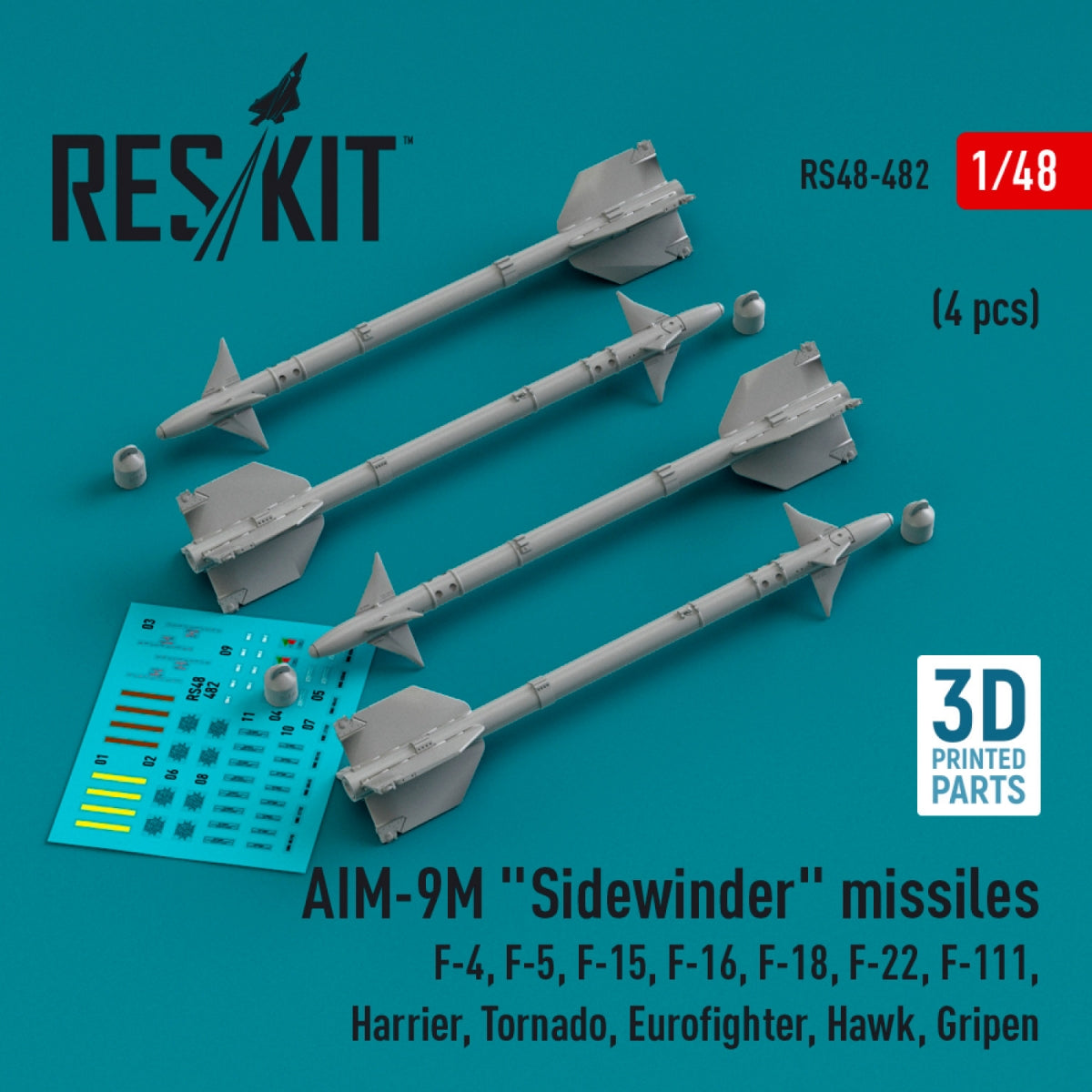 RESKIT RS48-0482 AIM-9M &amp;quot;Sidewinder&amp;quot; missiles (4 pcs) (3D Printed) 1/48