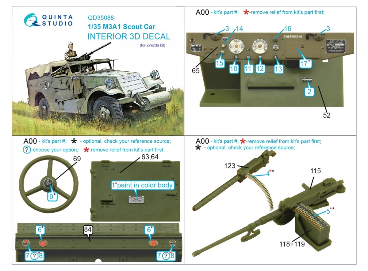 Quinta Studio QD35088 M3A1 Scout 3D-Printed &amp;amp; coloured Interior on decal paper (Zvezda) 1/35 – Bild 2