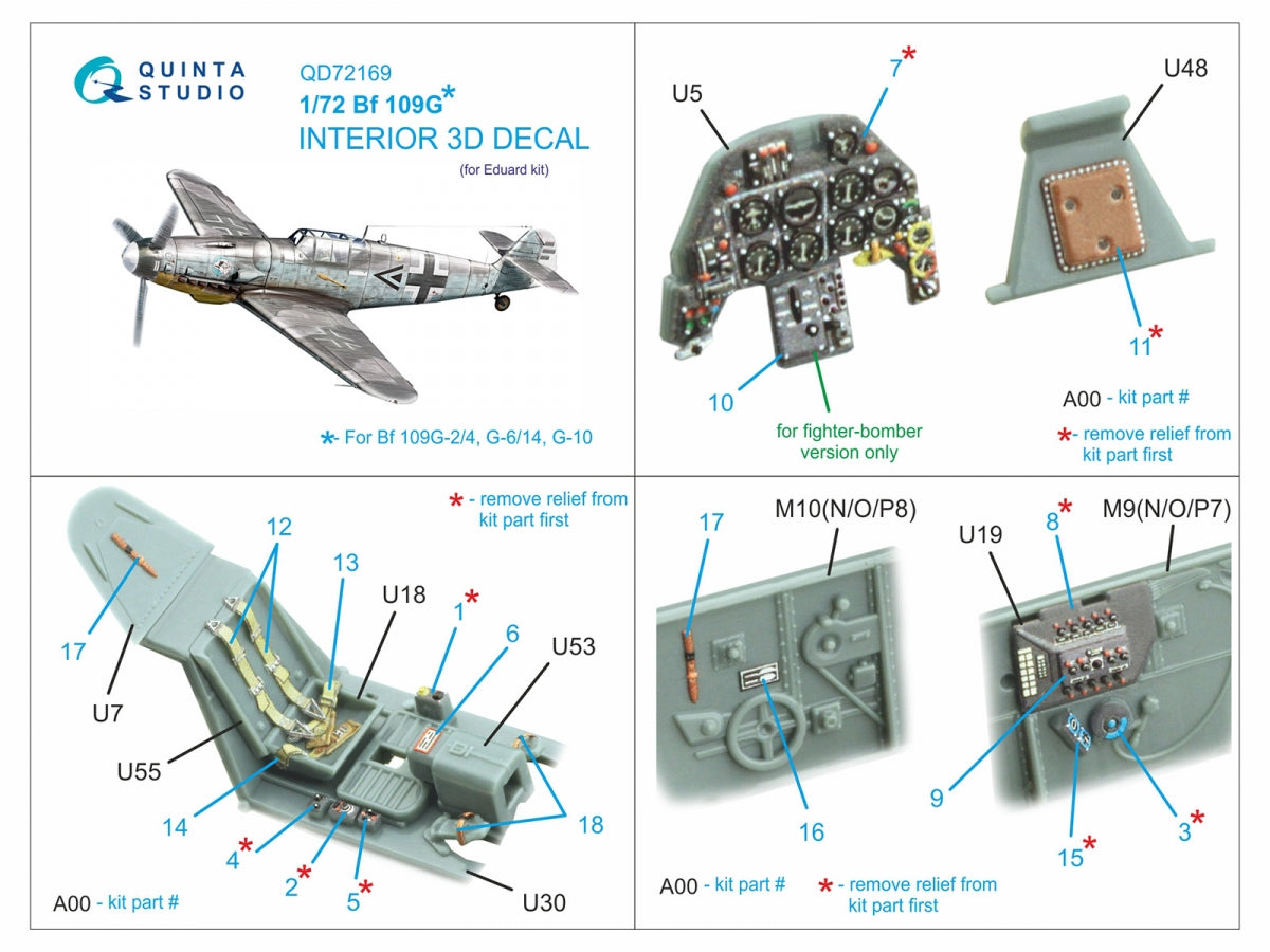 Quinta Studio QD72169 Bf 109G 3D-Printed coloured Interior on decal paper (Eduard) 1/72 – Bild 2