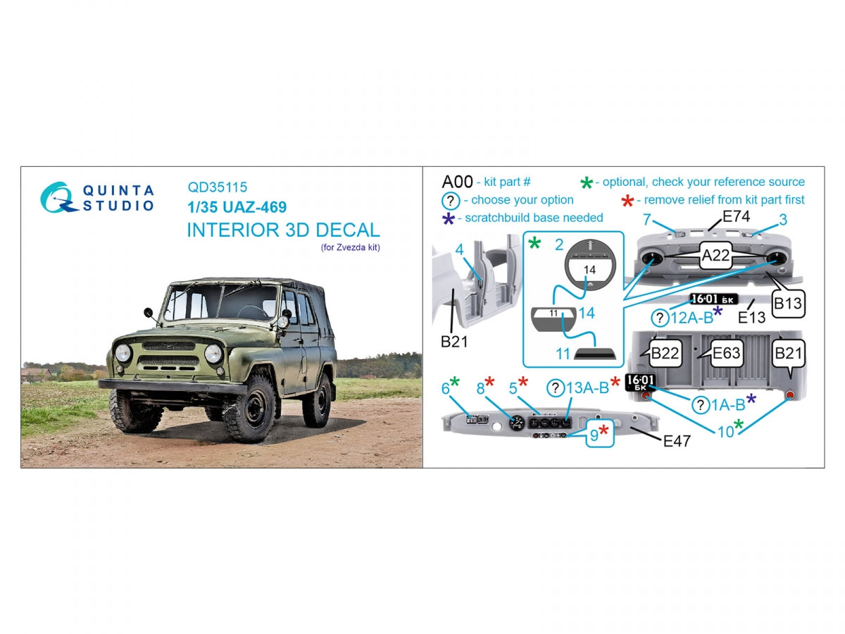 Quinta Studio QD35115 UAZ-469 3D-Printed &amp;amp; coloured Interior on decal paper (Zvezda) 1/35 – zdjęcie 2