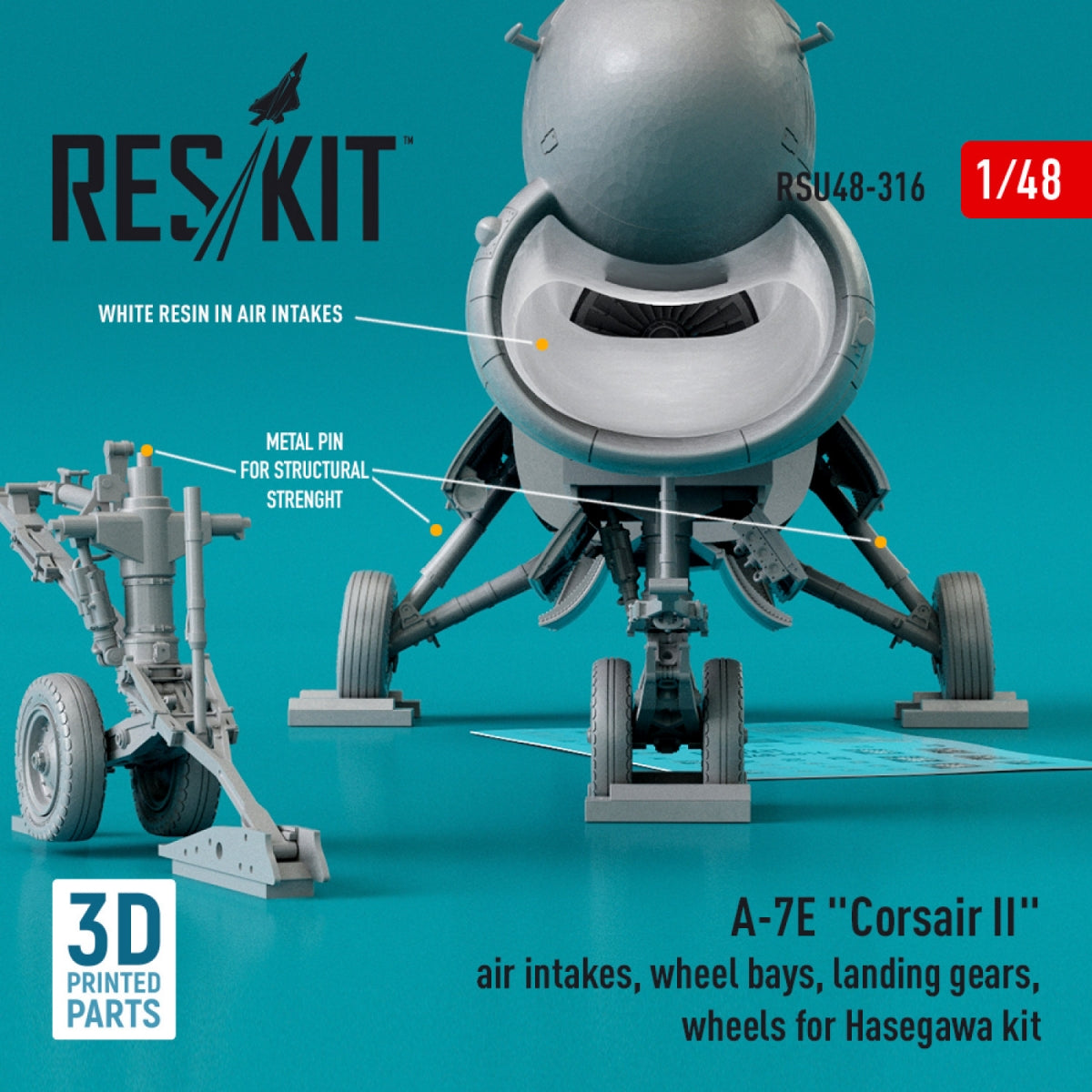 RESKIT RSU48-0316 A-7E &amp;quot;CORSAIR II&amp;quot; AIR INTAKES, WHEEL BAYS, LANDING GEARS, WHEELS FOR HASEGAWA KIT (3D PRINTED) 1/48 – Bild 3