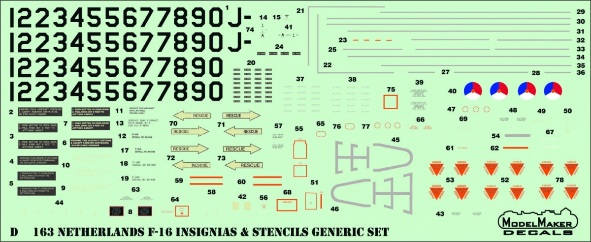 ModelMaker Decals D48163 Netherlands F-16 Insignia&amp;#39;s &amp;amp; stencils Generic set 1/48 – immagine 3