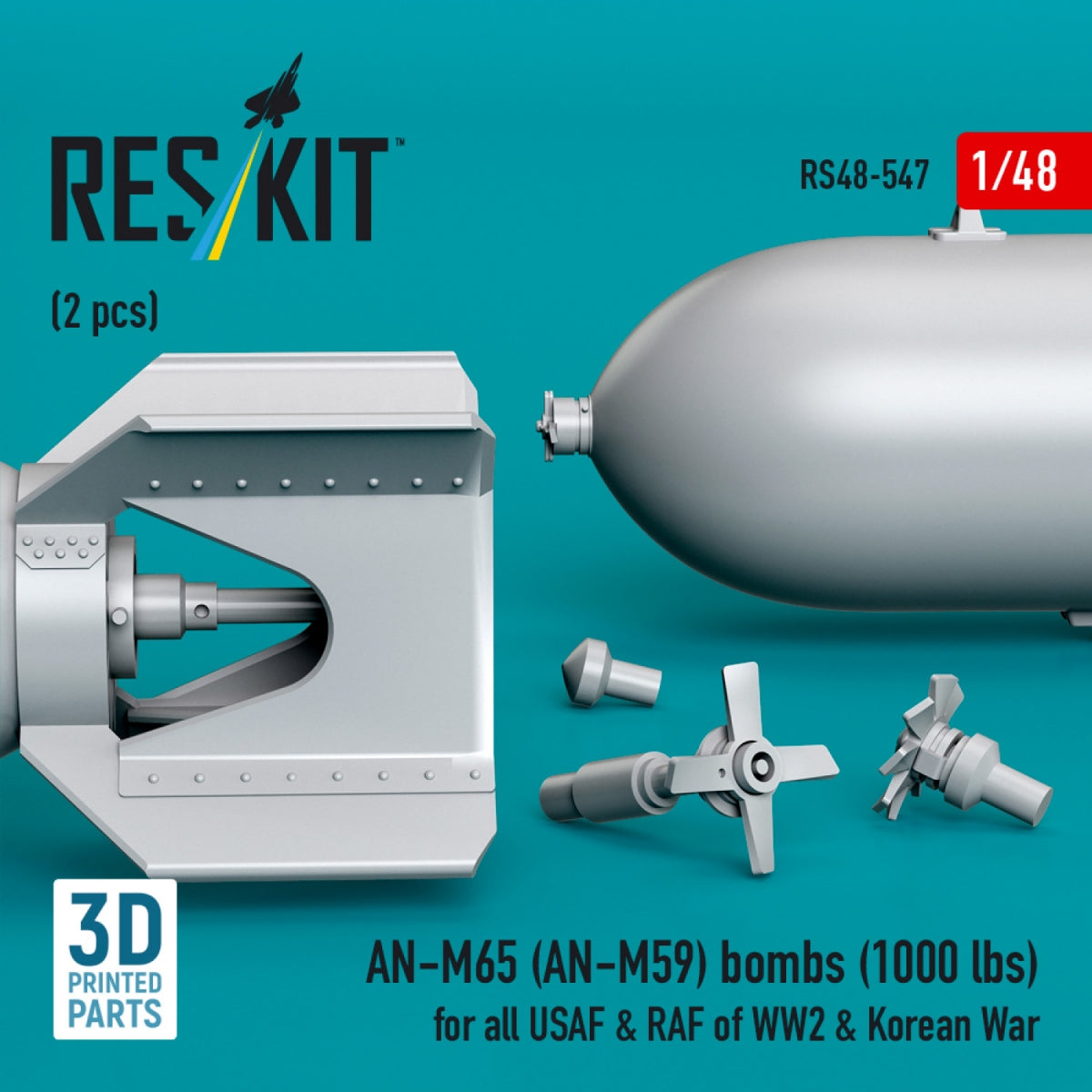 RESKIT RS48-0547 AN-M65 (AN-M59) bombs (2 pcs) (1000 lbs) for all USAF &amp; RAF of WW2 &amp; Korean War (3D Printed) 1/48