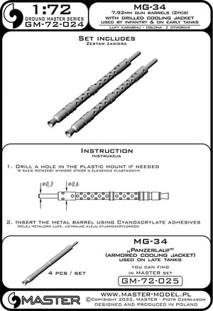 Master GM-72-024 MG-34 (7.92mm) - German machine gun barrels - version with drilled cooling jacket - used by infantry and on early tanks (2pcs) 1/72 – immagine 6