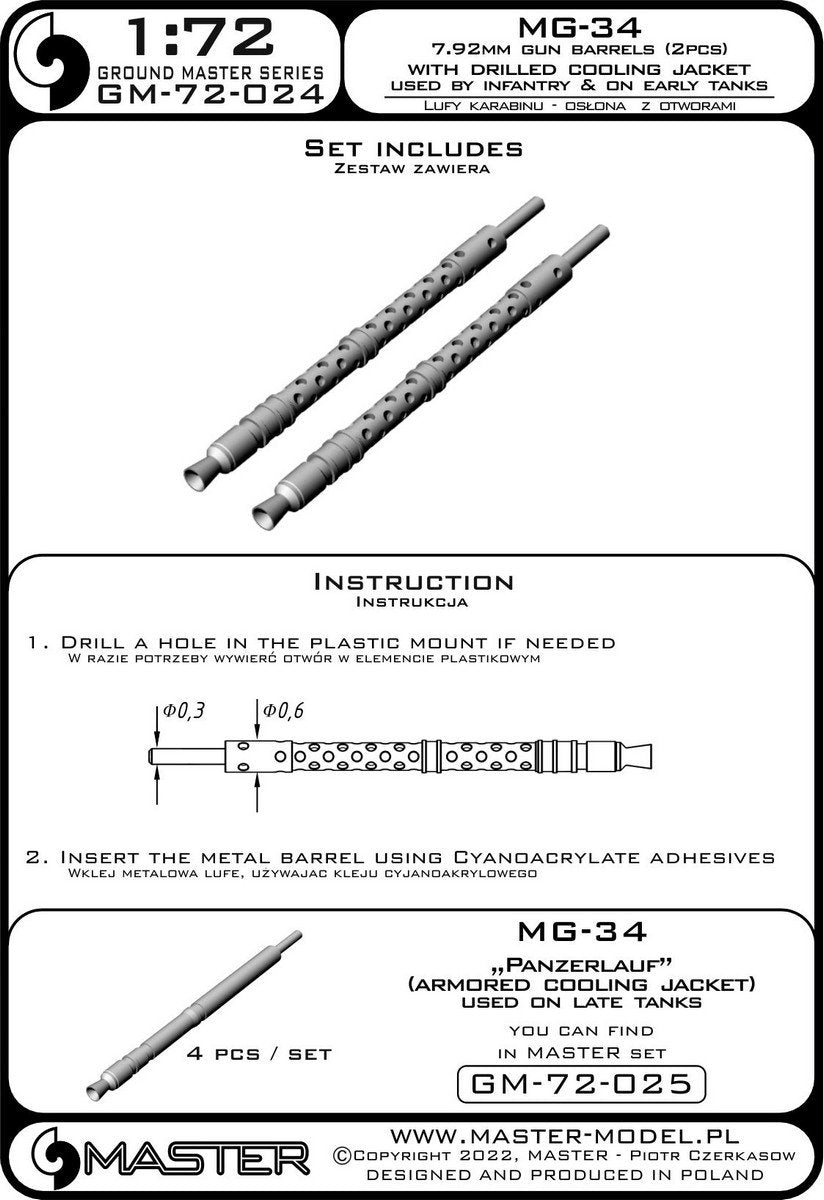 Master GM-72-024 MG-34 (7.92mm) - German machine gun barrels - version with drilled cooling jacket - used by infantry and on early tanks (2pcs) 1/72 – immagine 6