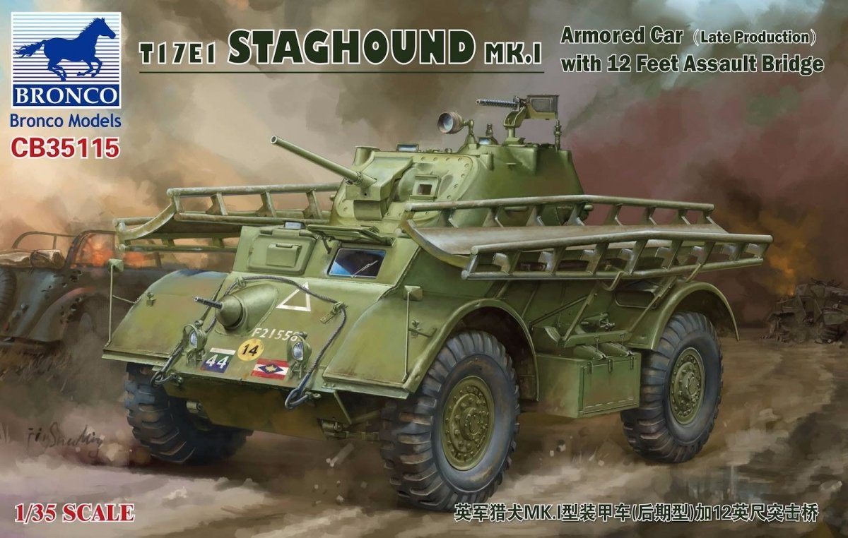 Bronco CB35115 T17E1 STAGHOUND MK.I Voiture blindée (production tardive) avec pont d&amp;#39;assaut de 12 pieds (1/35)
