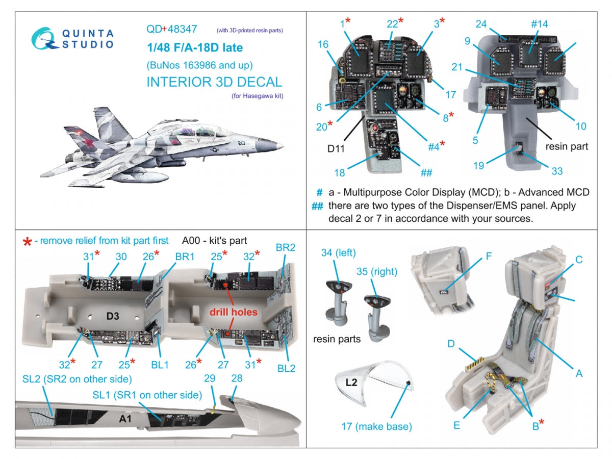 Quinta Studio QD+48347 FA-18D late 3D-Printed coloured Interior on decal paper (Hasegawa) (with 3D-printed resin parts) 1/48 – Bild 2