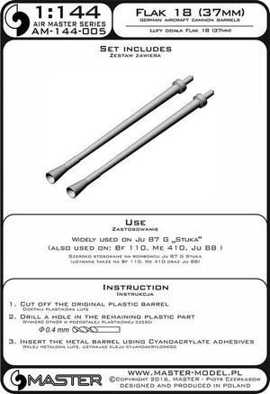 Master AM-144-005 German aircraft cannon 3,7cm Flak 18 gun barrels (used on Junkers Ju 87G and other) (2pcs) 1/144 – Bild 3