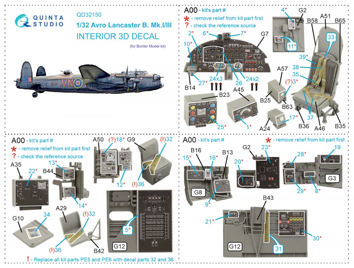 Quinta Studio QD32150 Avro Lancaster B. Mk.I/III 3D-Printed &amp;amp; coloured Interior on decal paper (Border Model) 1/32 – zdjęcie 7