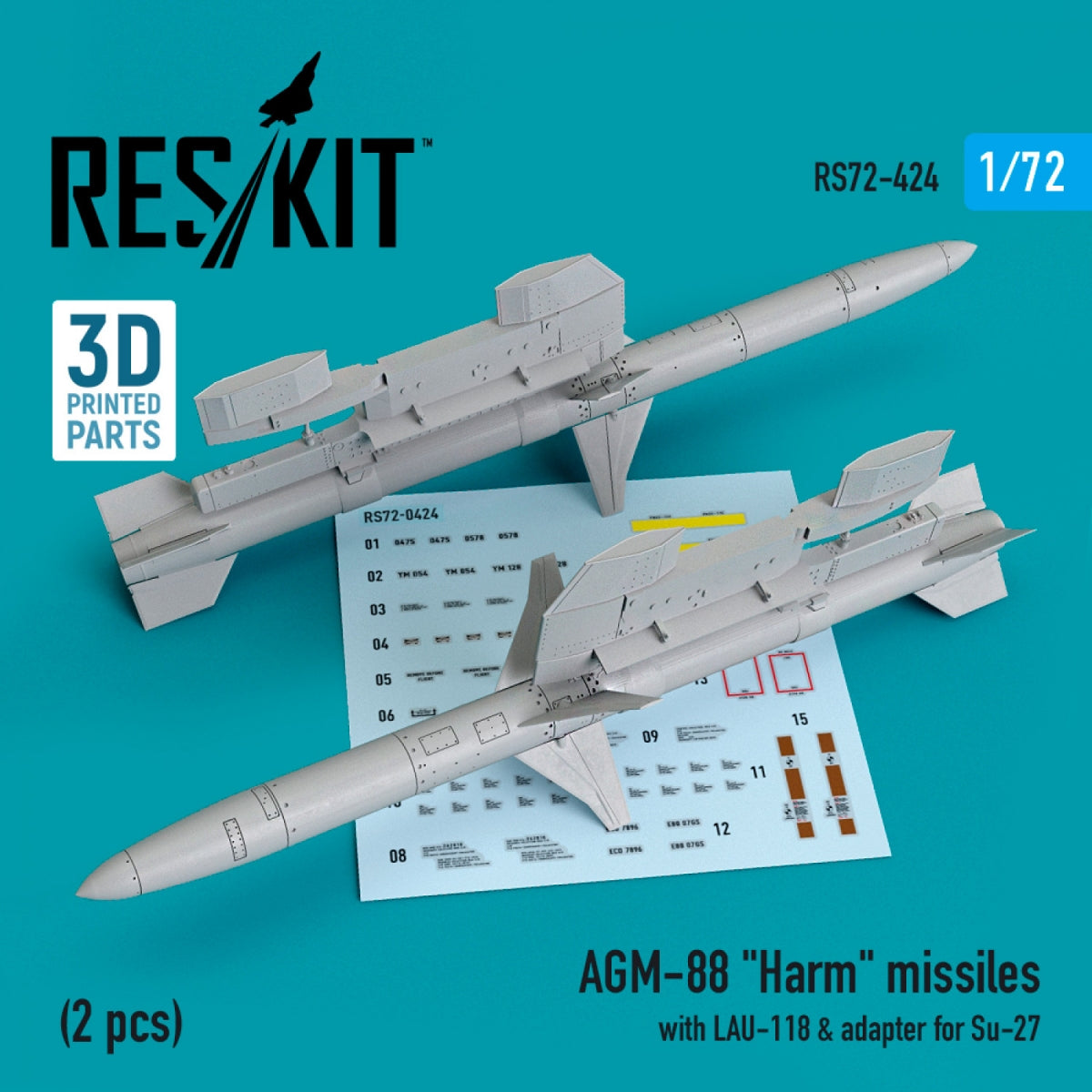 RESKIT RS72-0424 AGM-88 "HARM" MISSILES WITH LAU-118 & ADAPTER FOR SU-27 (2 PCS) 1/72