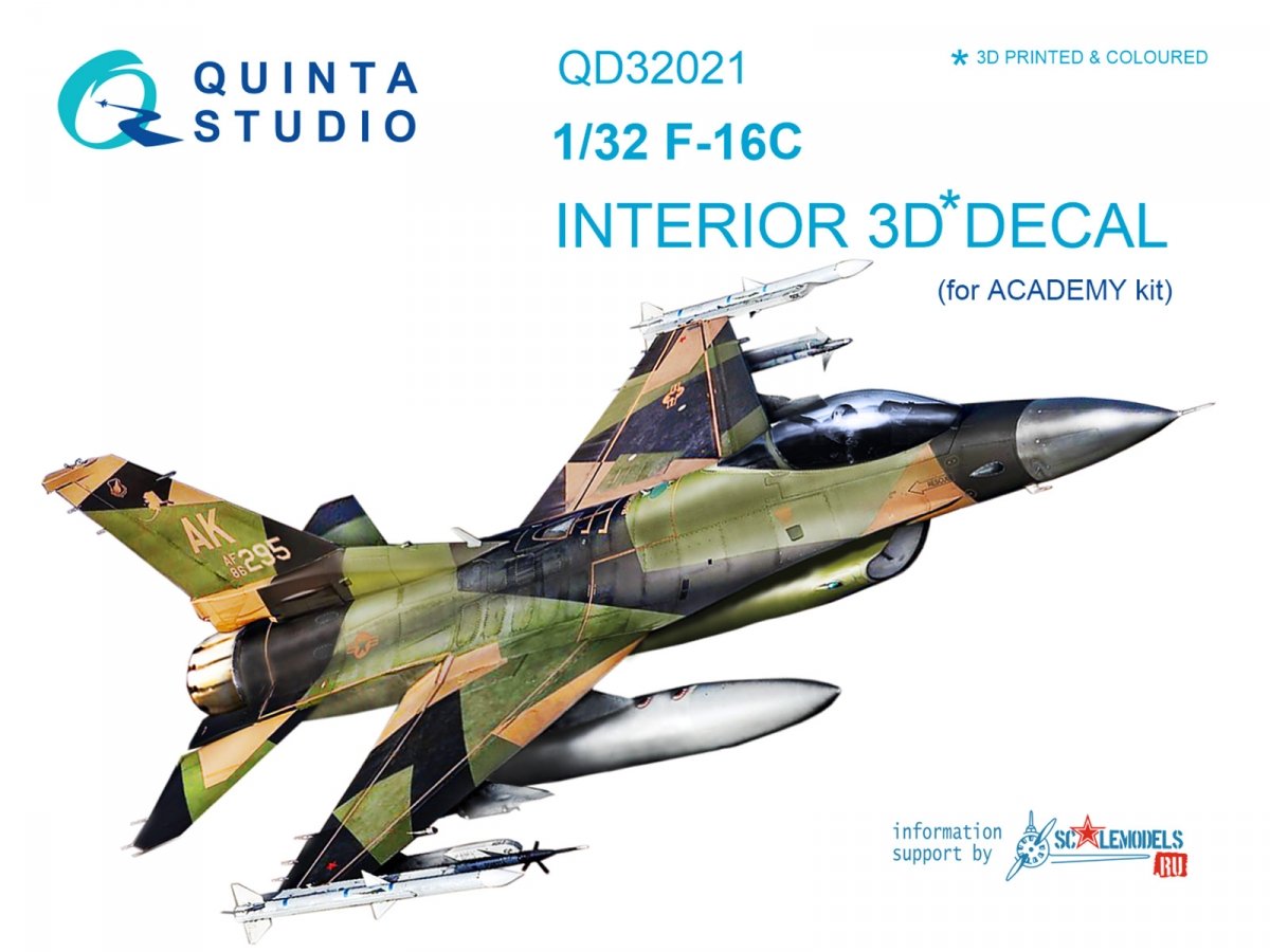 Intérieur imprimé en 3D et coloré sur papier décalcomanie Quinta Studio QD32021 F-16C (pour maquette Academy) 1/32