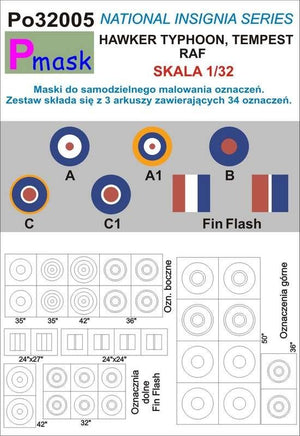 P-Mask PO32005 MASKI DO MALOWANIA OZNACZEŃ HAWKER TYPHOON, TEMPEST RAF 1/32