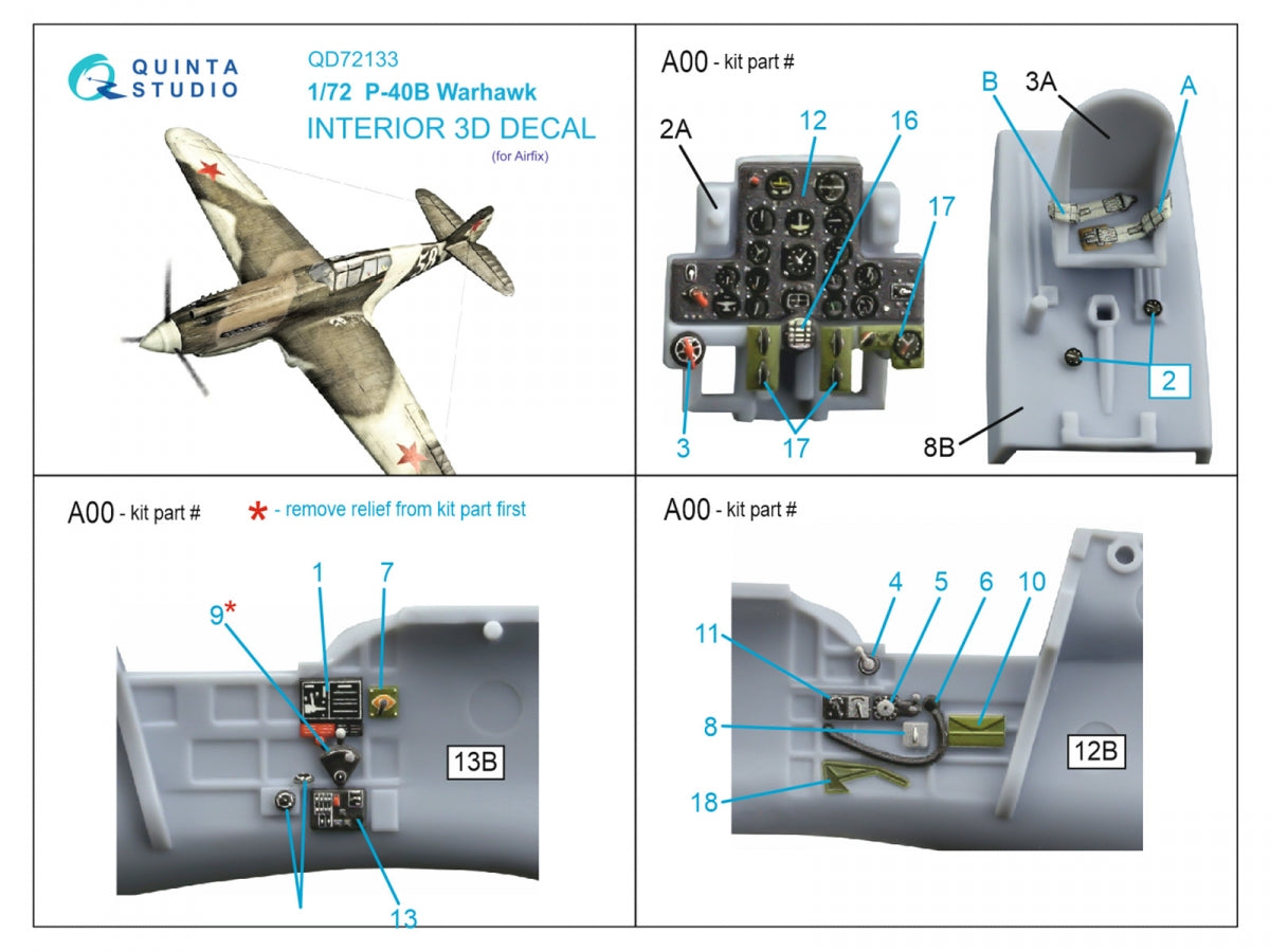 Quinta Studio QD72133 P-40B 3D-Printed coloured Interior on decal paper (Airfix) 1/72 – Bild 2