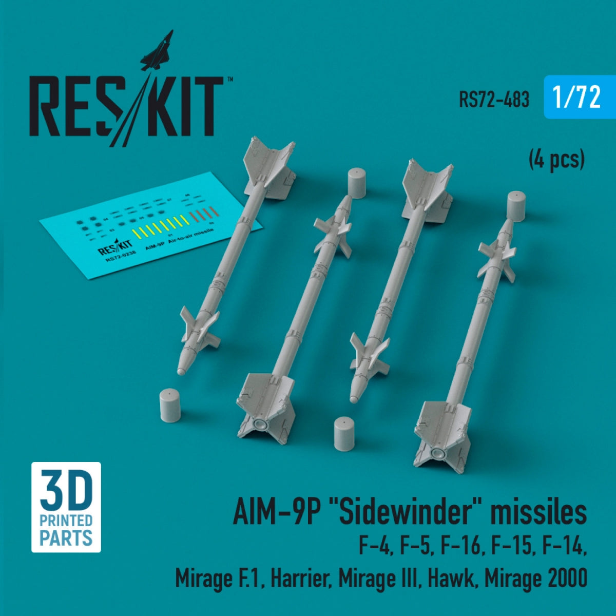 RESKIT RS72-0483 AIM-9P &amp;quot;Sidewinder&amp;quot; missiles (4 pcs) (3D Printed) 1/72