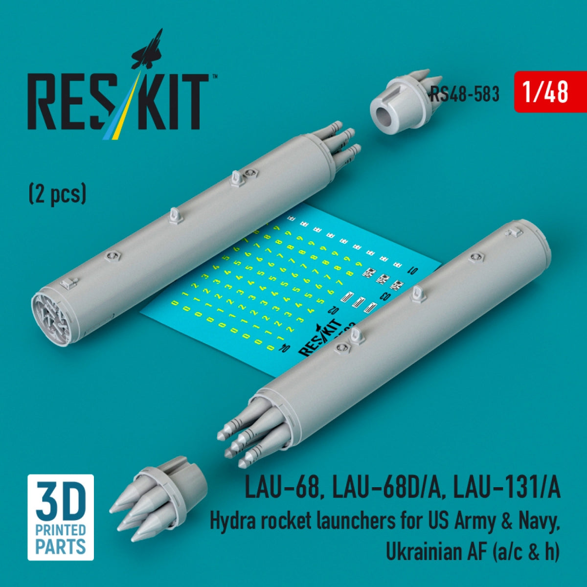 RESKIT RS48-0583 LAU-68, LAU-68D/A, LAU-131/A Hydra rocket launchers for US Army & Navy, Ukrainian AF (a/c & h) (2pcs) (3D Printed) 1/48