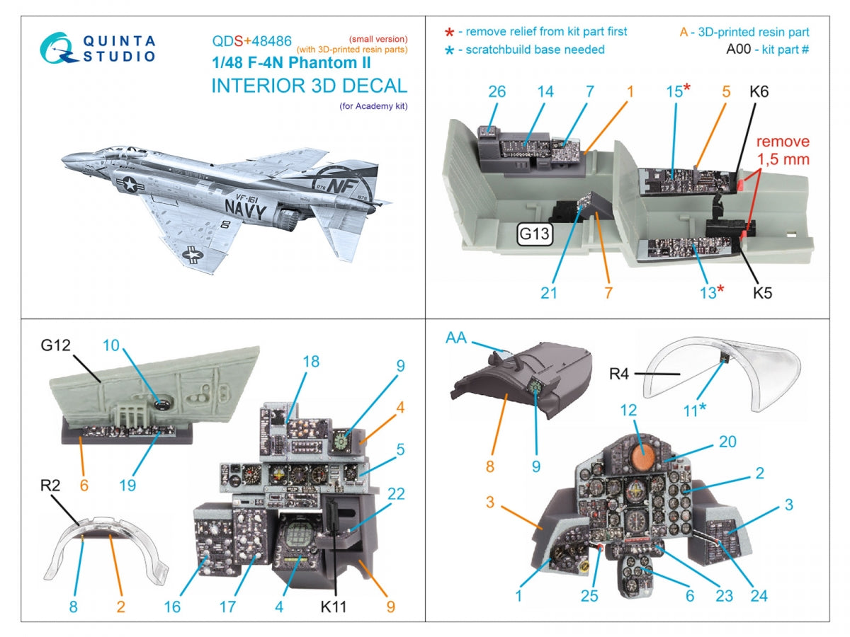 Quinta Studio QDS+48486 F-4N Phantom II Intérieur imprimé en 3D et coloré sur papier décalcomanie (Academy) (Petite version) (avec pièces en résine imprimées en 3D) 1/48  – image 3